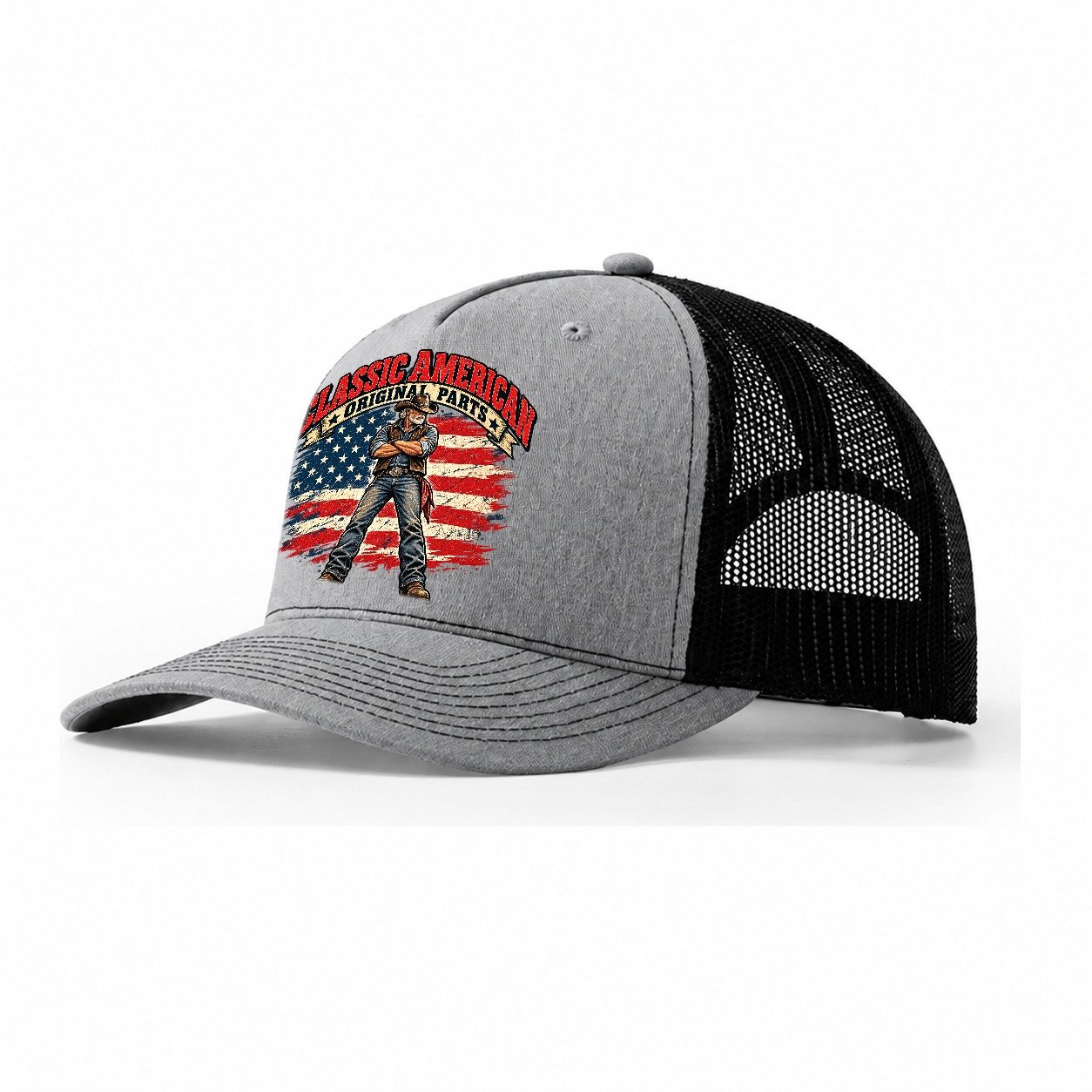 Classic American Original Parts Old Man Strong Trucker Hat – Sport Grey Black