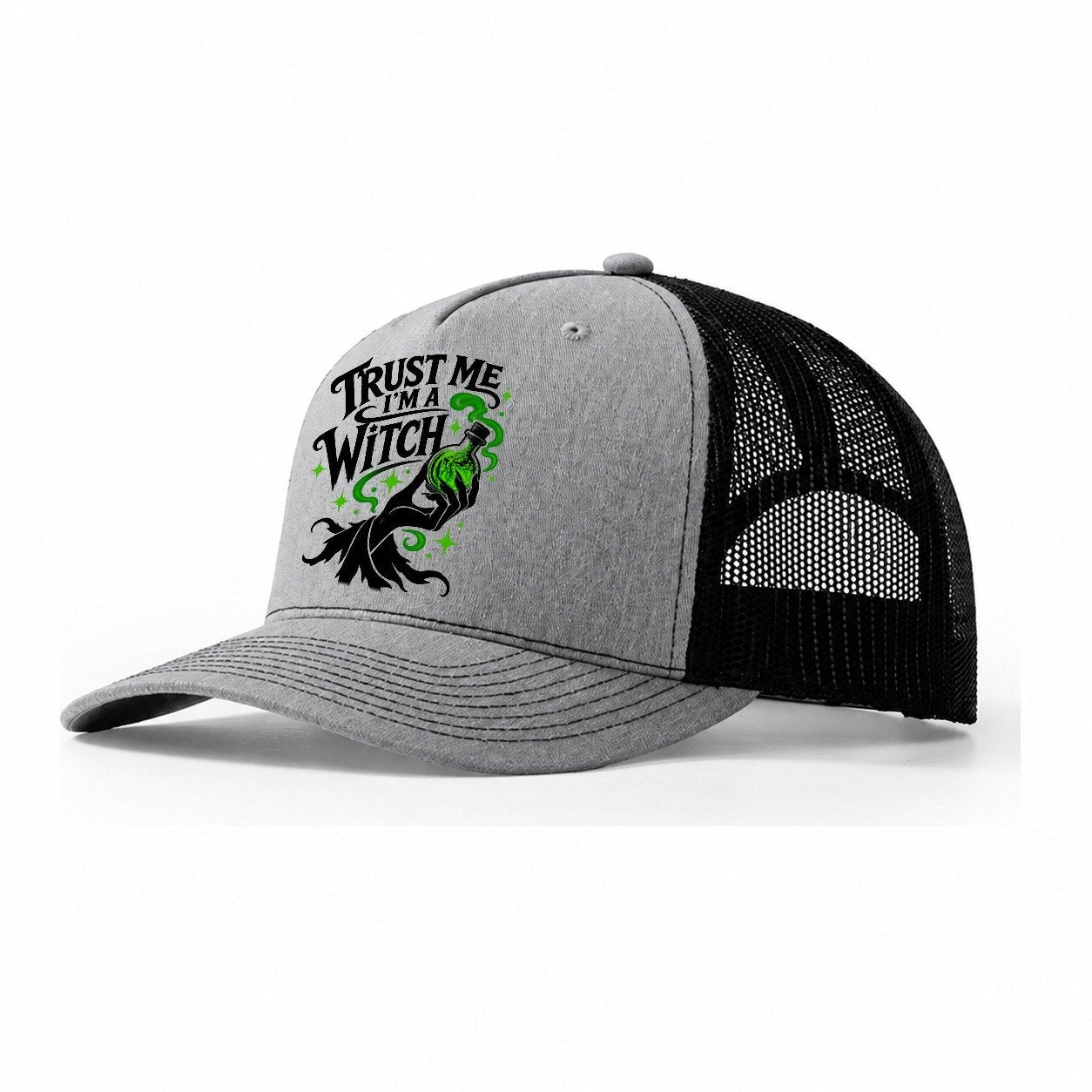 Trust Me I Am A Witch Slogan Witch Magic Trucker Hat – Sport Grey Black
