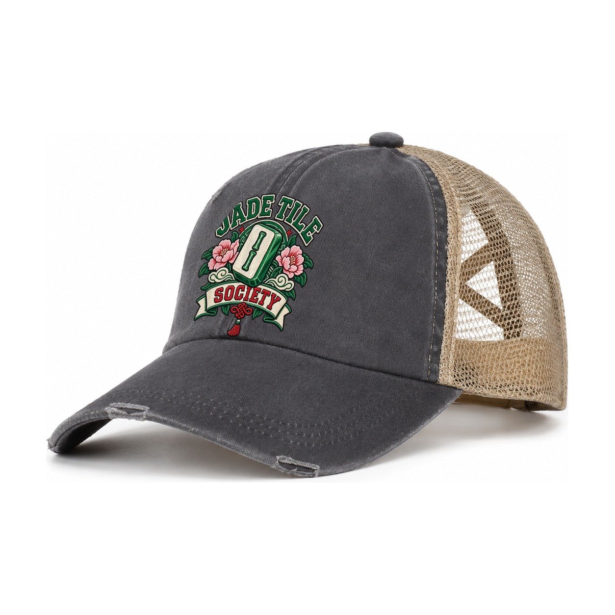 Jade Tile Society Mahjong Game Night Women's Ponytail Trucker Hat – Charcoal Khaki