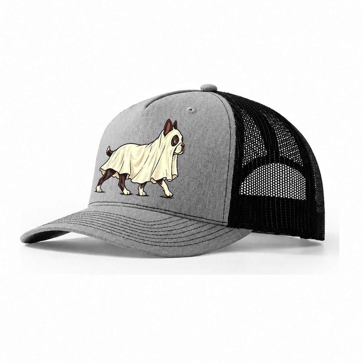 One Boston Terrier In Halloween Costume Ghost Draped In A Simple Sheet With Cut Eye Holes Halloween Dog Parade Trucker Hat – Sport Grey Black