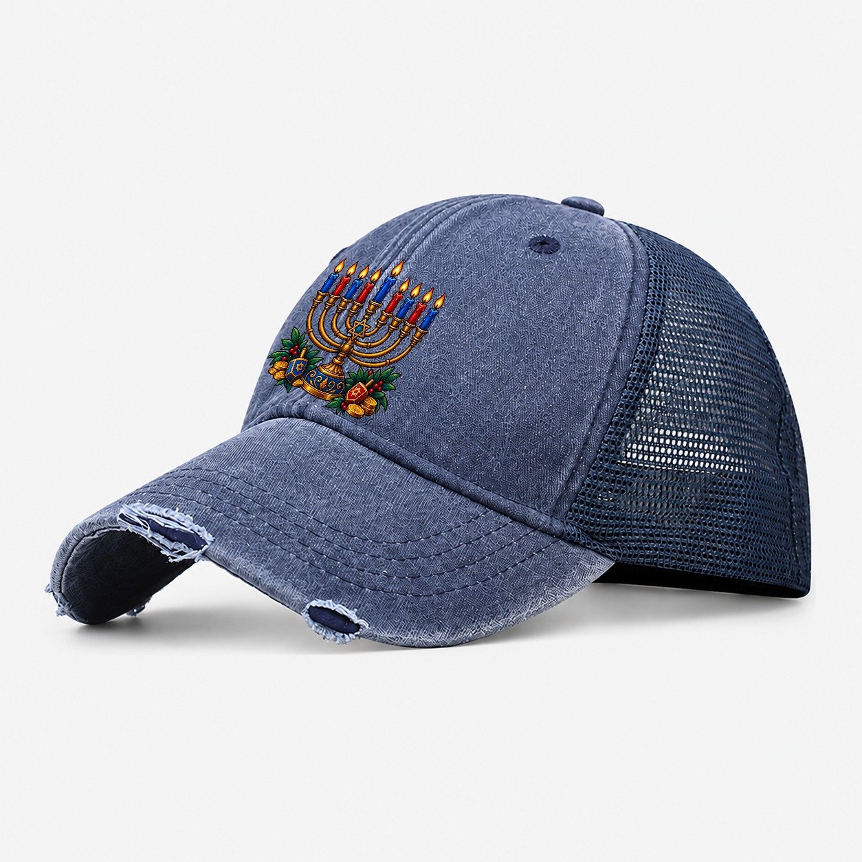 Hanukkah Menorah Cozy Judaism Heritage Washed Trucker Hat – Navy
