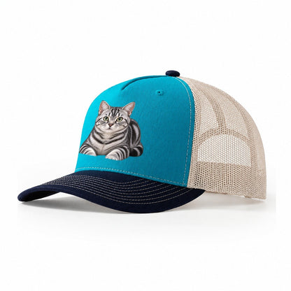 American Shorthair Reclining Paws Forward Realistic Cat Portrait Trucker Hat – Teal Navy