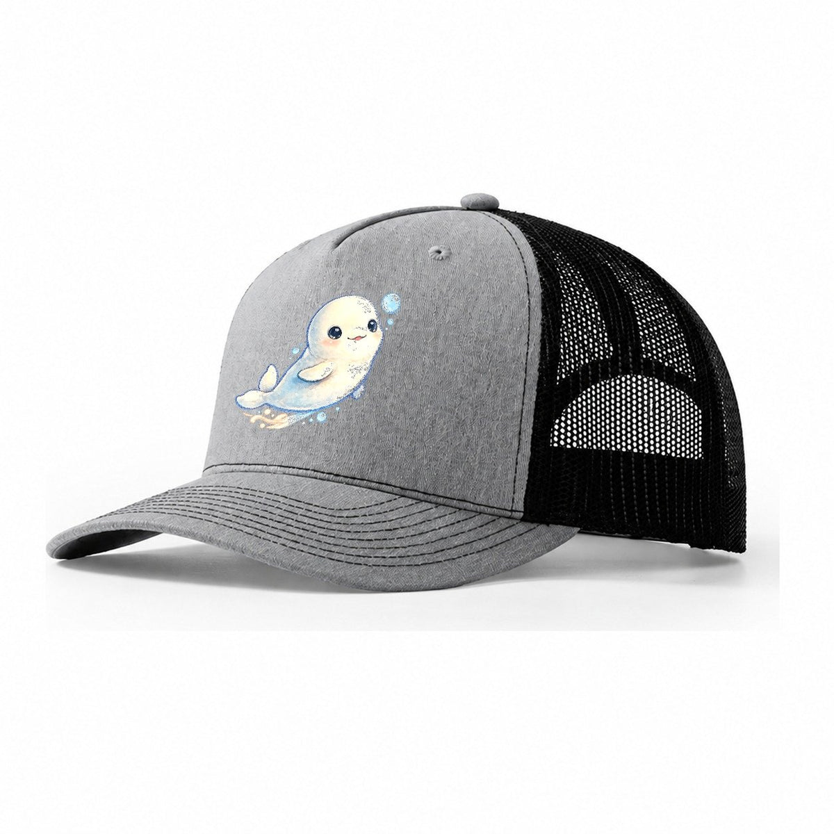 Beluga Whale Bubble Rise Sea Sprite Trucker Hat – Sport Grey Black