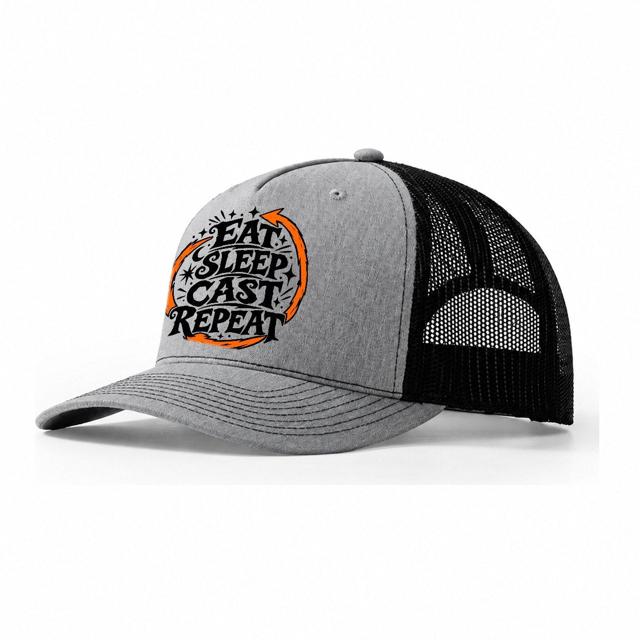 Eat Sleep Cast Repeat Slogan Witch Magic Trucker Hat – Sport Grey Black
