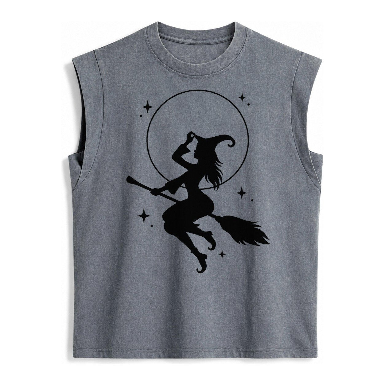 Witch On Broom Vintage Washed Tank – Grey