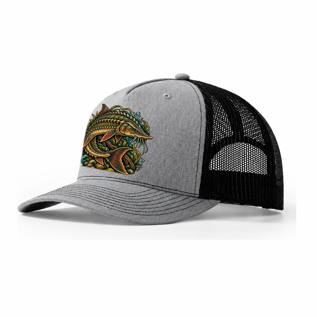 Lake Sturgeon Armor Fishing Club Trucker Hat – Sport Grey Black