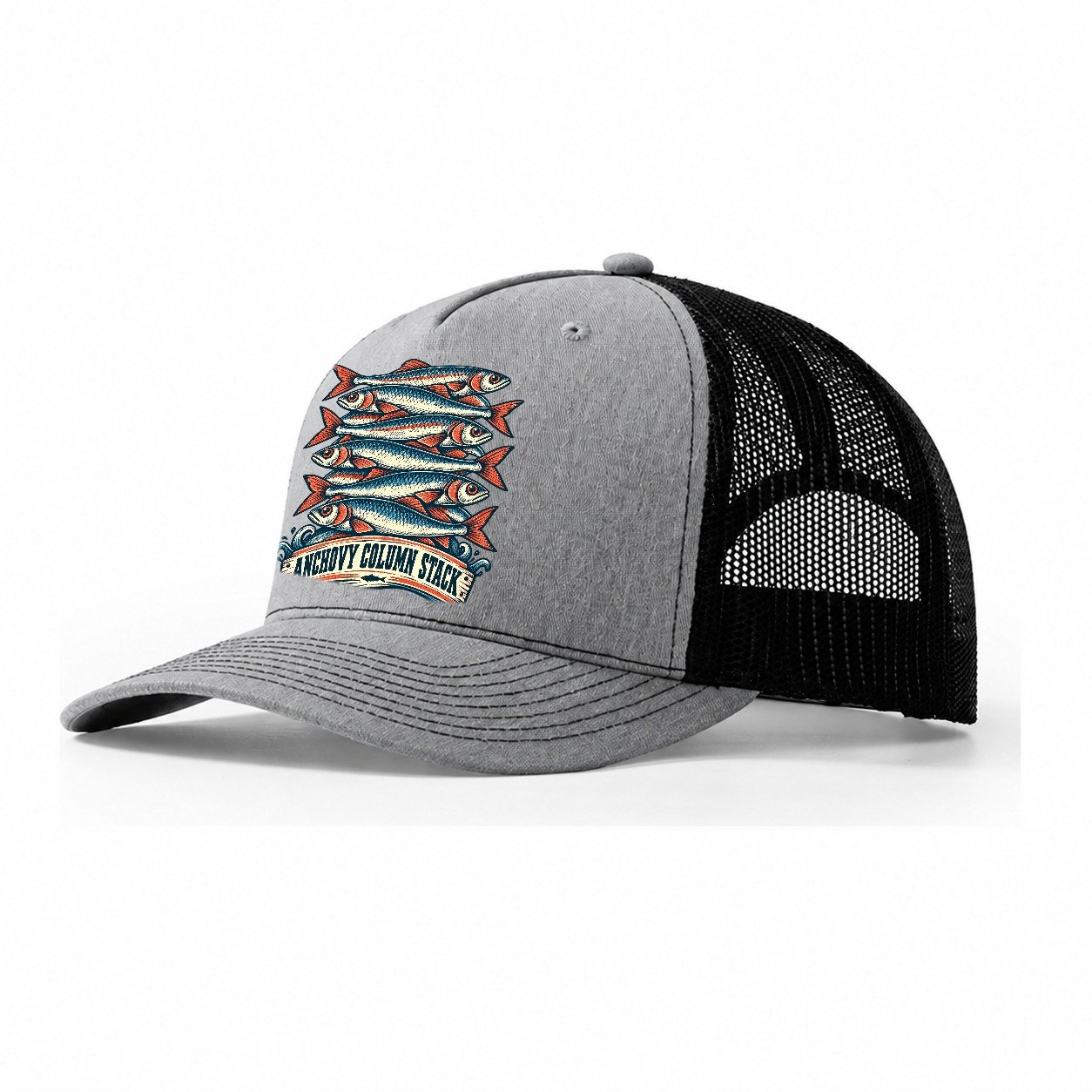 Anchovy Column Stack Fishing Club Trucker Hat – Sport Grey Black