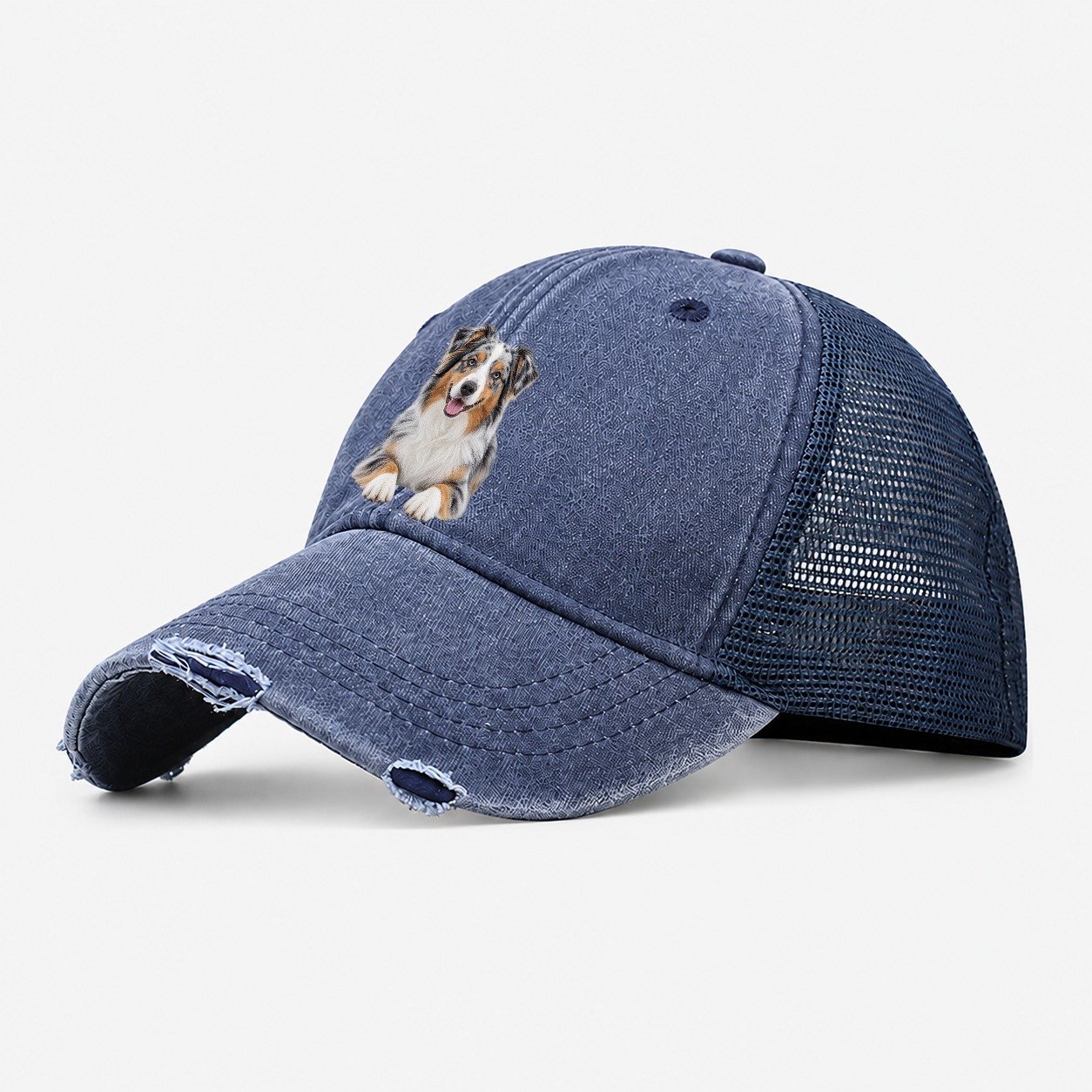 Australian Shepherd Sitting Top Breeds Washed Trucker Hat – Navy