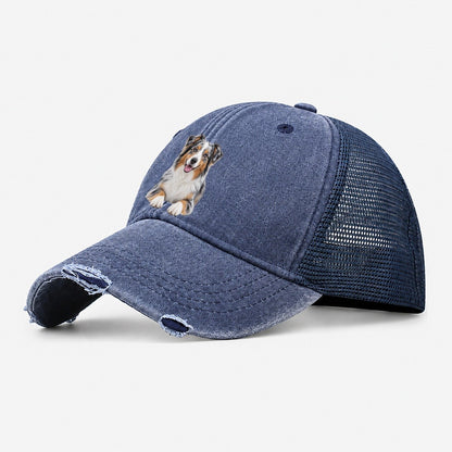 Australian Shepherd Sitting Top Breeds Washed Trucker Hat – Navy