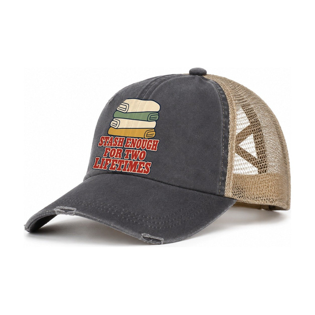 Stash Enough For Two Lifetimes Sewing And Quilting Women's Ponytail Trucker Hat – Charcoal Khaki
