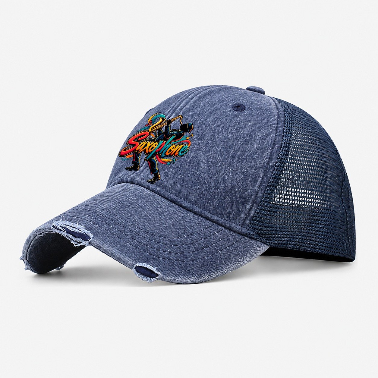 Saxophone Wordmark Music Instruments Washed Trucker Hat – Navy