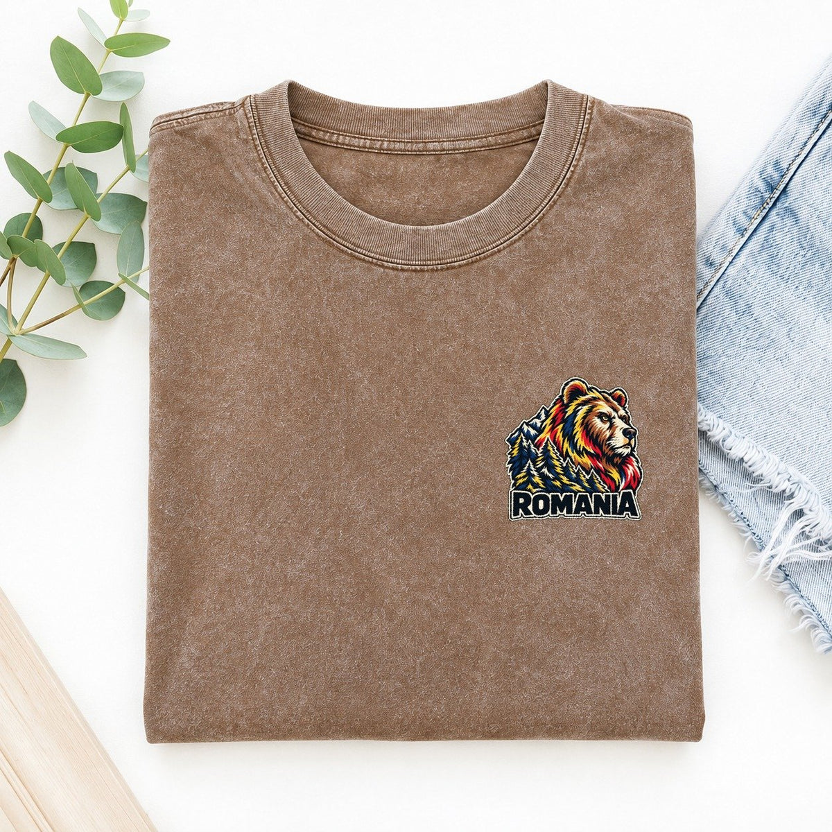 Romania Country Pride Left Chest Vintage T-shirt – Brown
