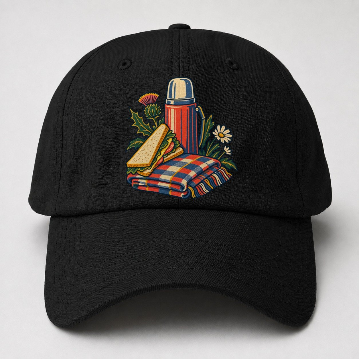 Picnic Flask Sandwich And Checked Blanket Uk Culture Heritage Baseball Cap – Black
