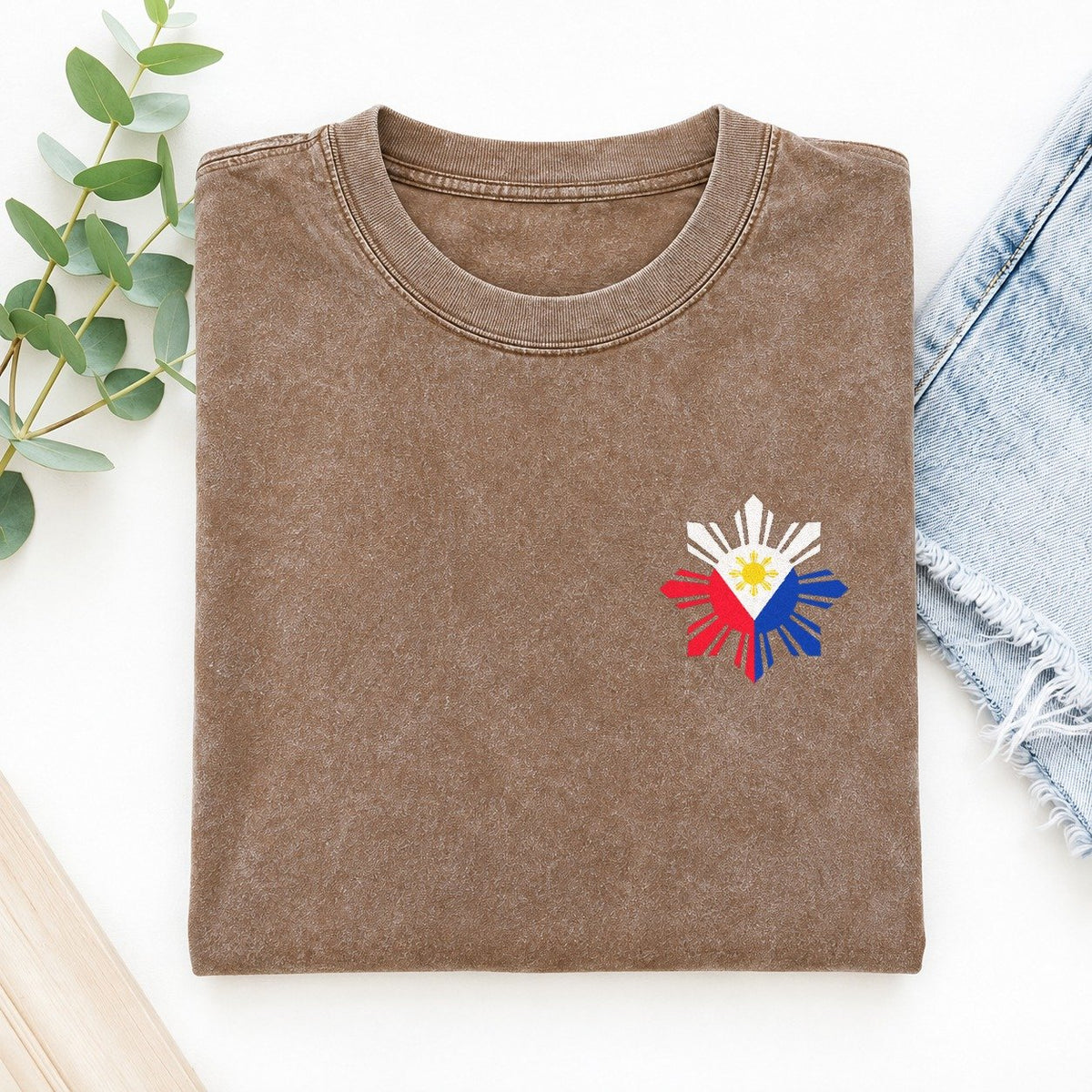 Philippines Sun and Stars Left Chest Vintage T-shirt – Brown