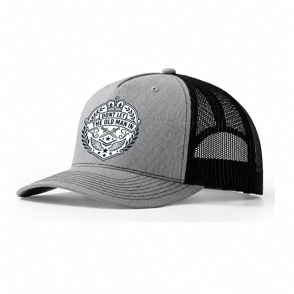 Don't Let the Old Man In Line Art Trucker Hat – Sport Grey Black