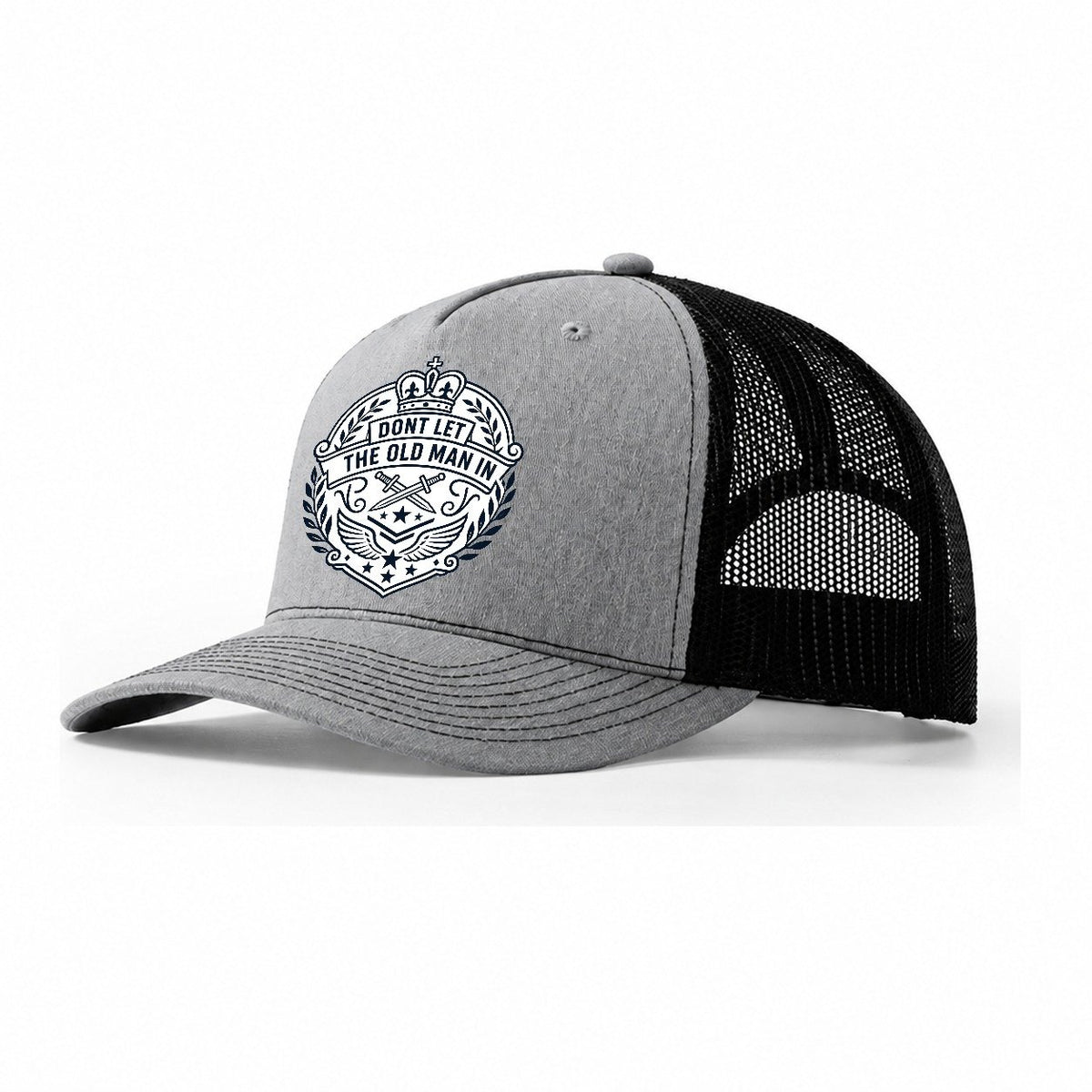Don't Let the Old Man In Line Art Trucker Hat – Sport Grey Black