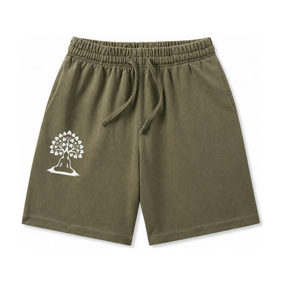 Buddha Silhouette Meditating Negative Space Forms Bodhi Tree Washed Shorts – Army Green