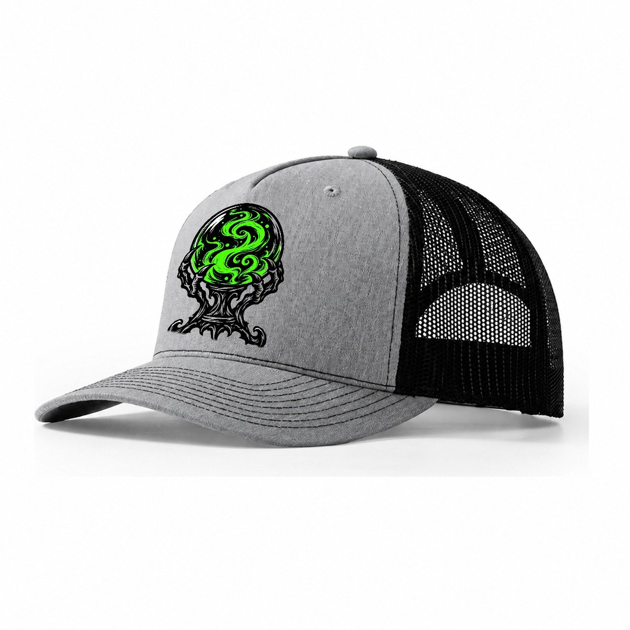 Crystal Ball On A Claw Stand Witch Magic Trucker Hat – Sport Grey Black