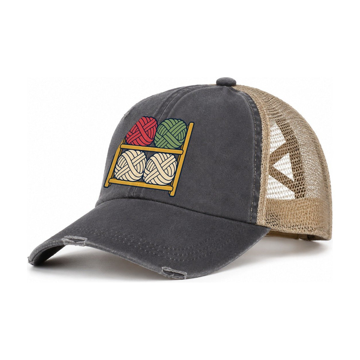 Yarn Stash Shelves Yarn Crafts Women's Ponytail Trucker Hat – Charcoal Khaki