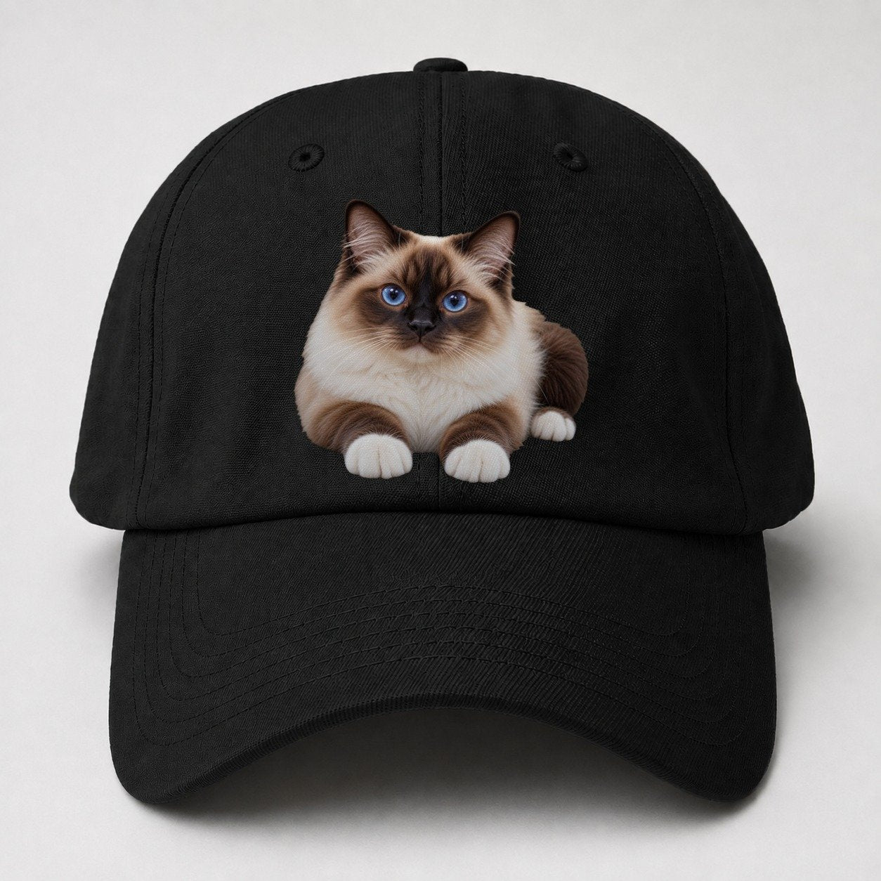 Birman Reclining Paws Forward Realistic Cat Portrait Baseball Cap – Black