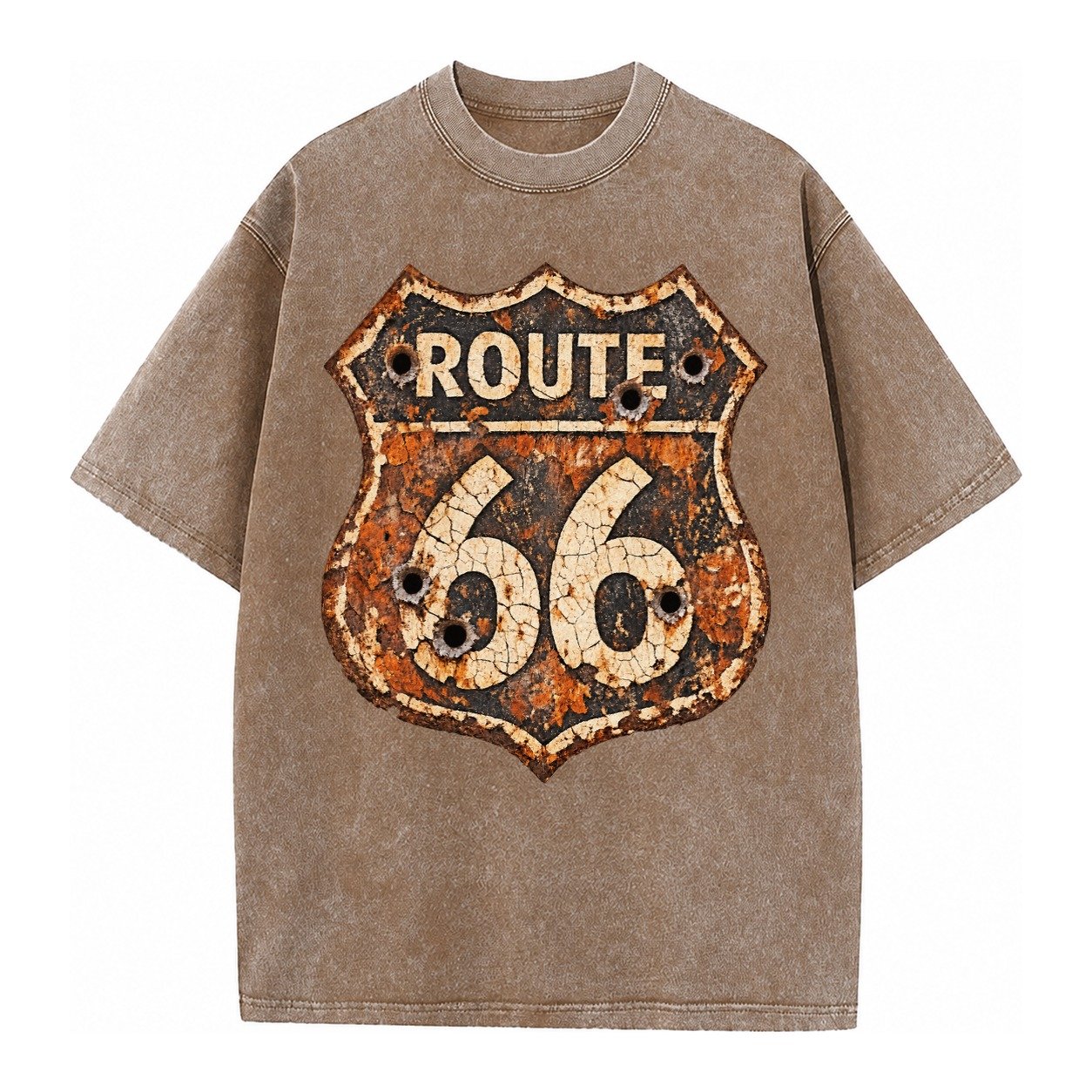 Weathered Marker Rust Aged Route 66 Sign Desert Sun Bleached Vintage T-shirt – Brown