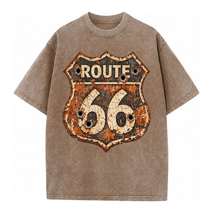 Weathered Marker Rust Aged Route 66 Sign Desert Sun Bleached Vintage T-shirt – Brown