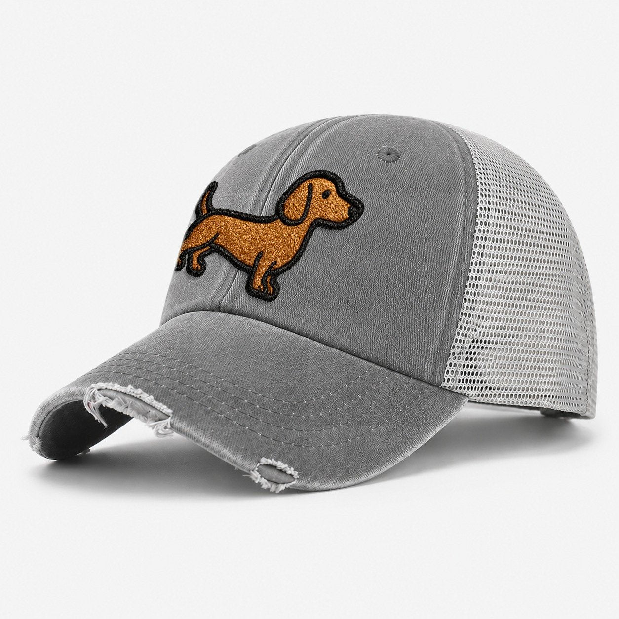 Dachshund Modern Elongated Silhouette Washed Trucker Hat – Grey