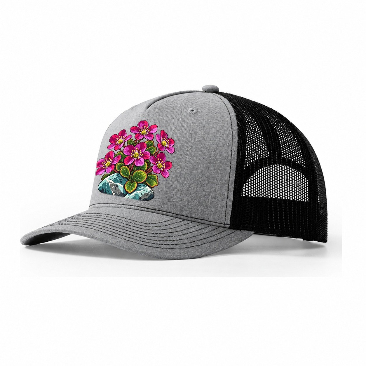 Nunavut Purple Saxifrage Canada Cultural Icons Trucker Hat – Sport Grey Black