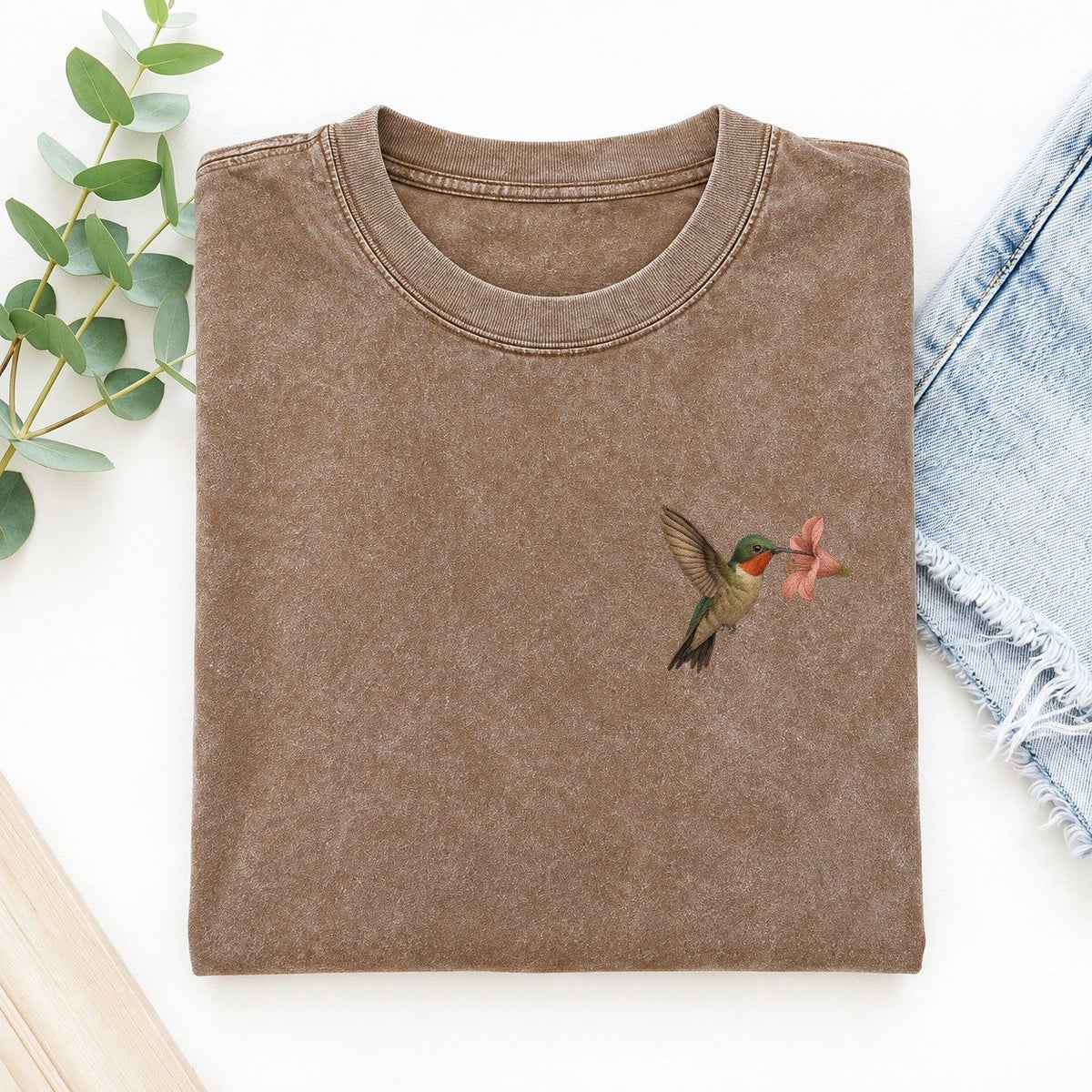Hummingbird Haven Left Chest Vintage T-shirt – Brown
