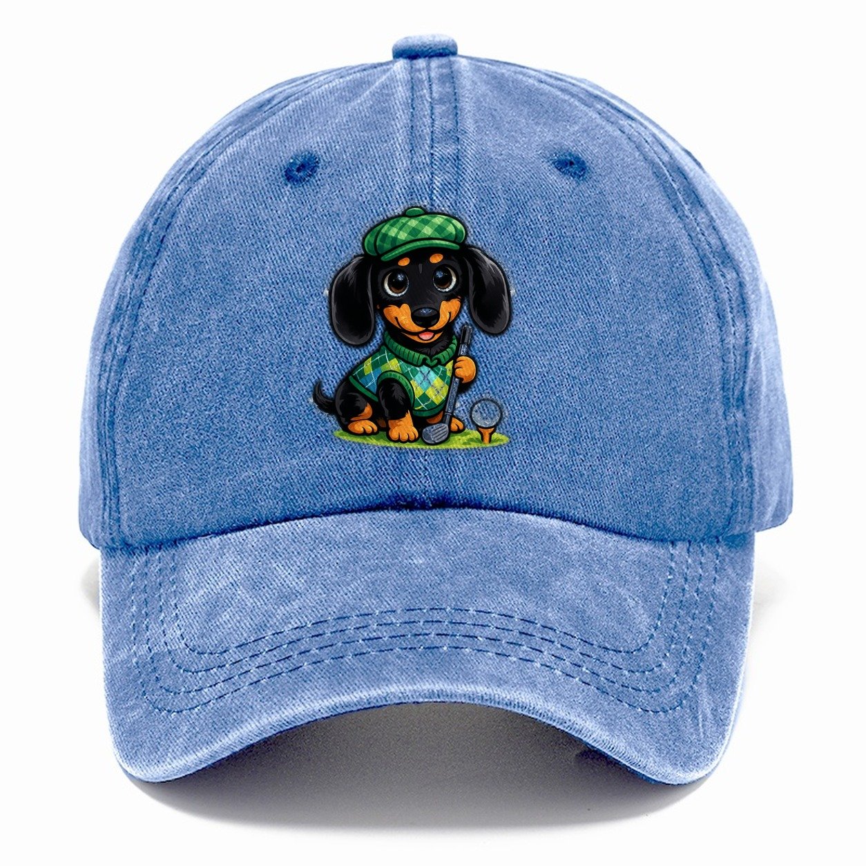 Dachshund Golfer Argyle Classic Cap – Summer Sky