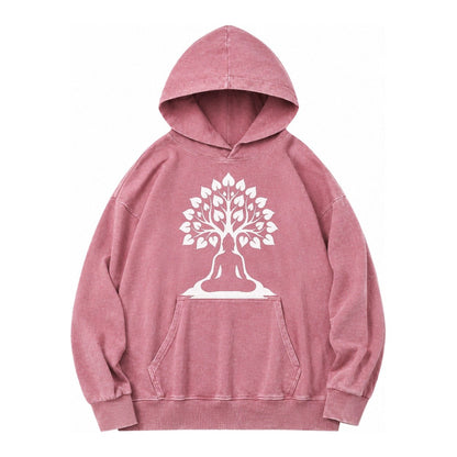 Buddha Silhouette Meditating Negative Space Forms Bodhi Tree Vintage Washed Hoodie – Dusty Rose