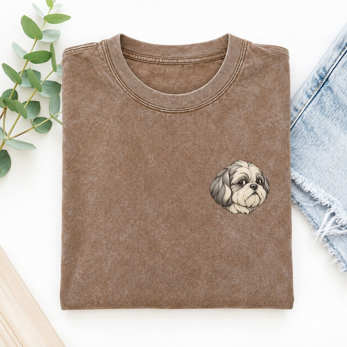 Shih Tzu Side Glance Keepsake Emblem Left Chest Vintage T-shirt – Brown