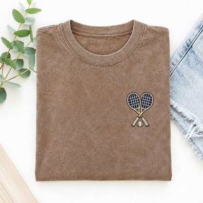 Tennis Rackets Symbol Emblems Left Chest Vintage T-shirt – Brown