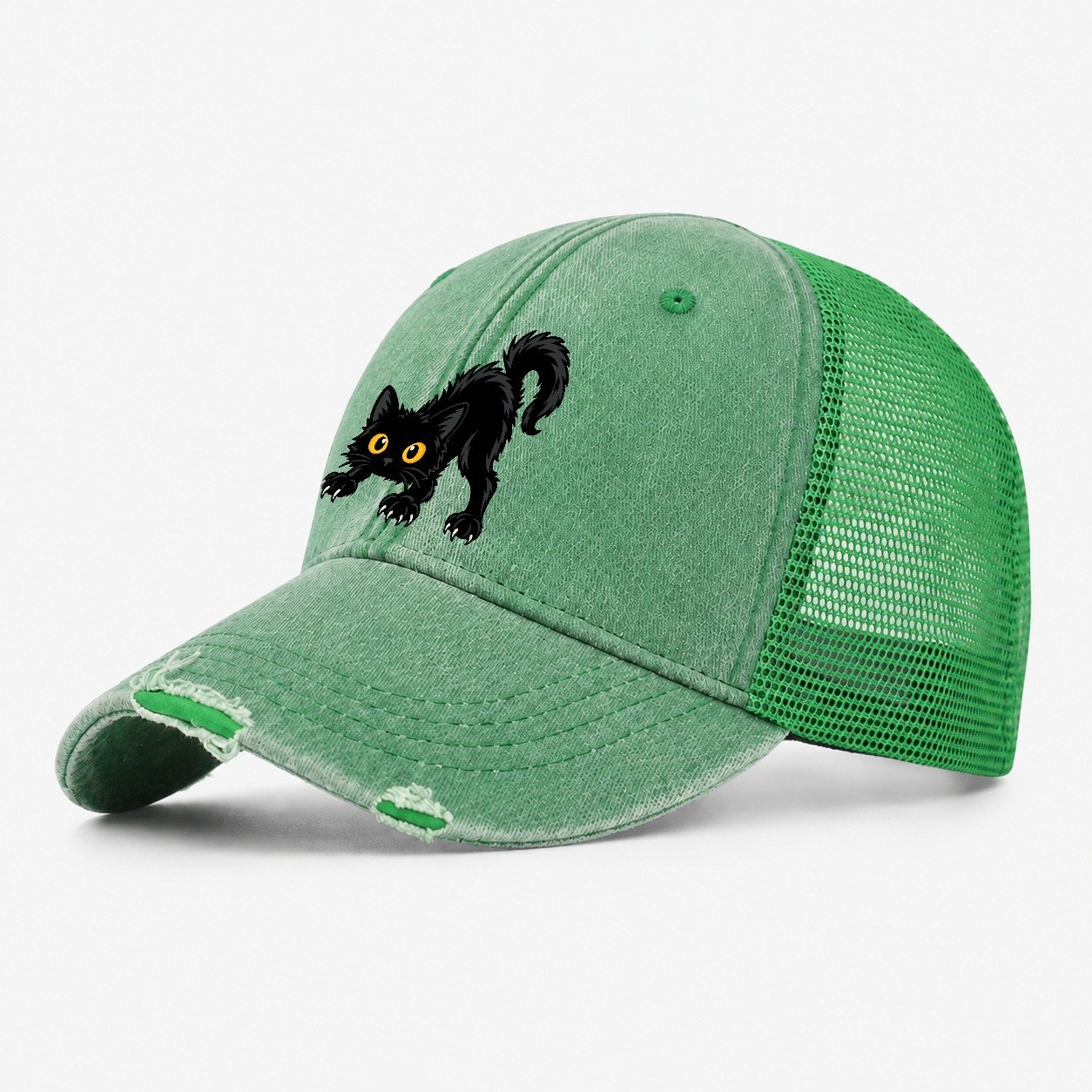 Bombay Arched Back Peeking Cats Washed Trucker Hat – Ink Green