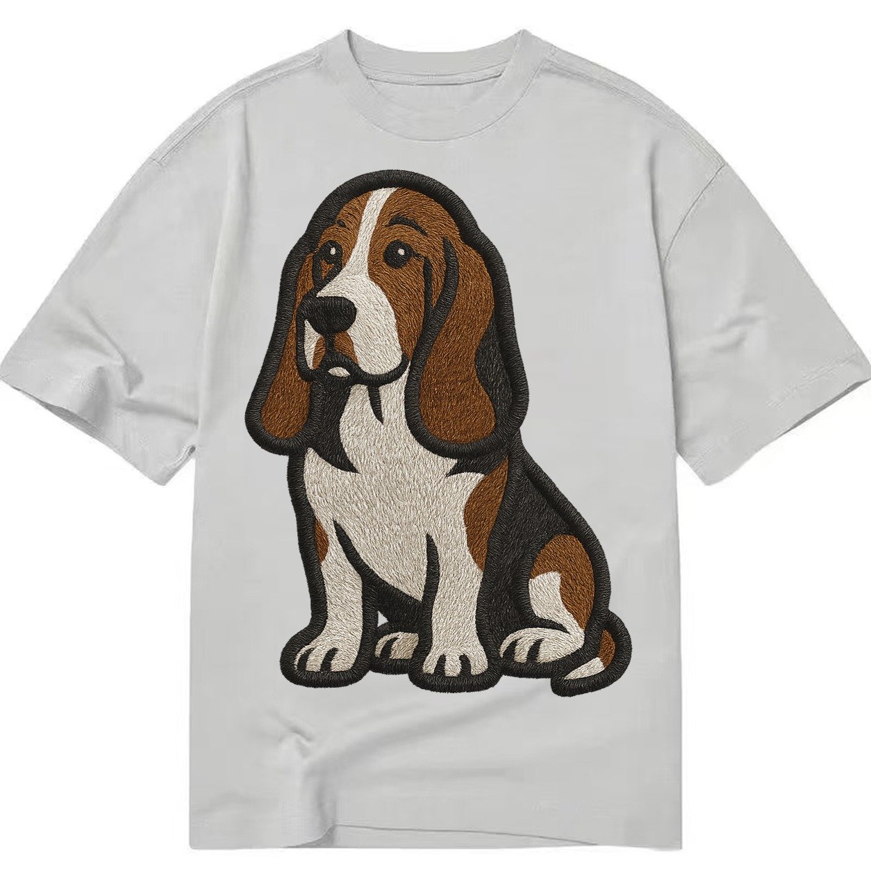 Basset Hound Tri Color Embroidered Sitting Pose Classic T-shirt – Grey