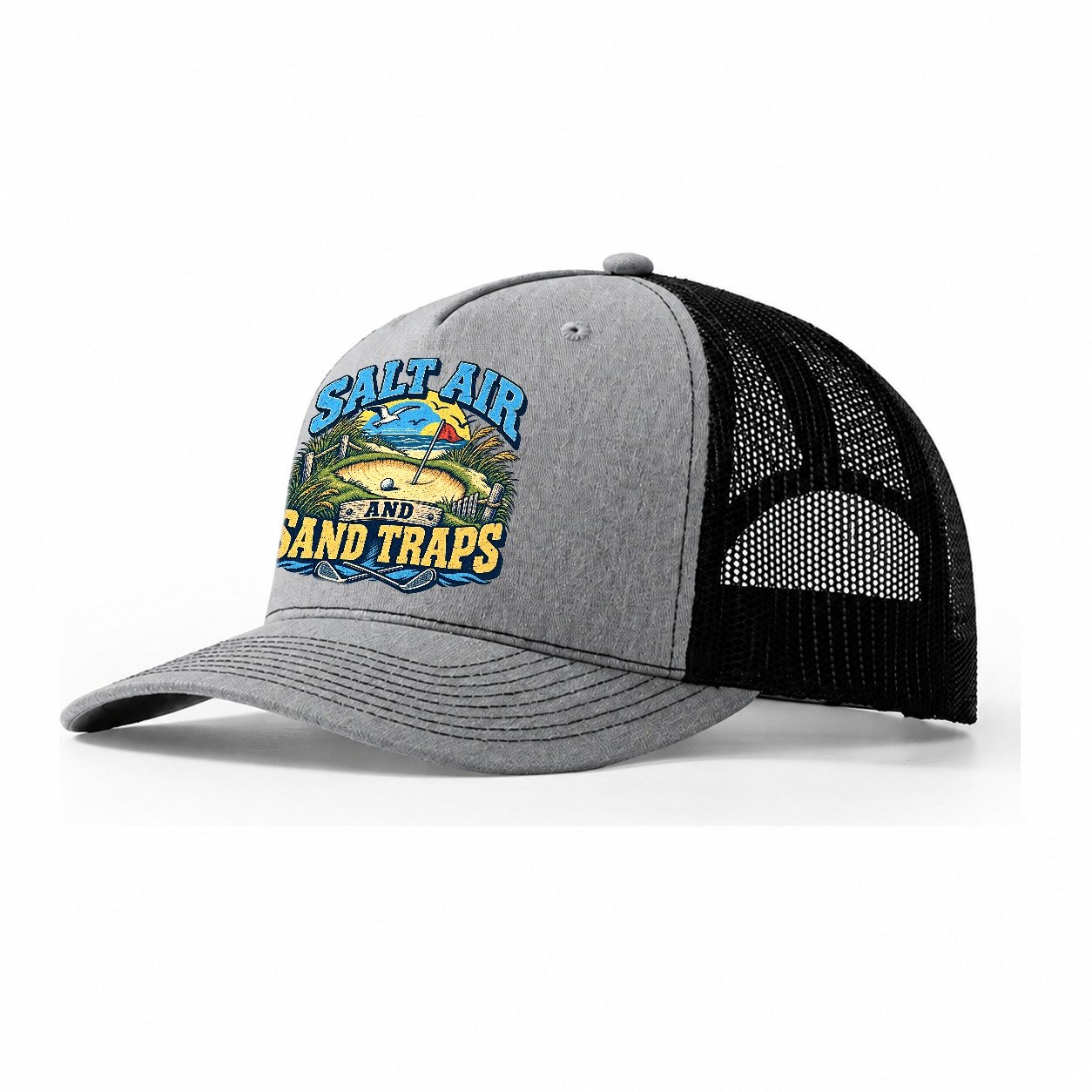 Salt Air And Sand Traps Golf Life Trucker Hat – Sport Grey Black