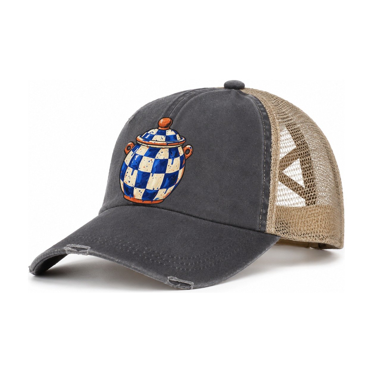 Checker Glaze Jar Clay Color Makers Women's Ponytail Trucker Hat – Charcoal Khaki