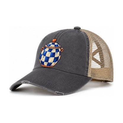Checker Glaze Jar Clay Color Makers Women's Ponytail Trucker Hat – Charcoal Khaki