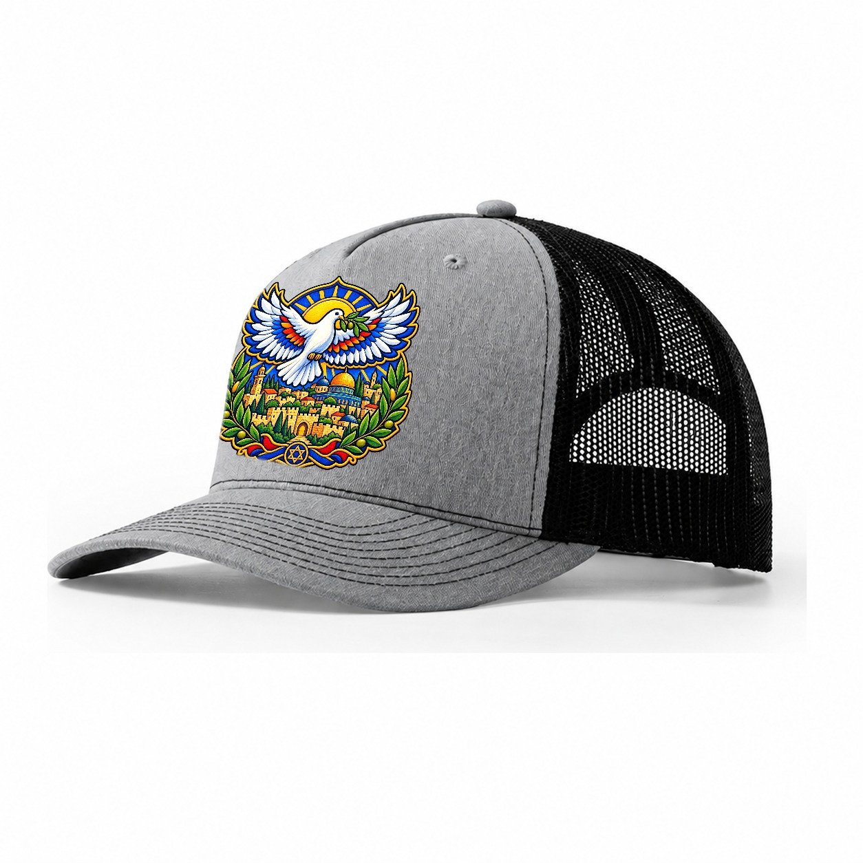 Dove Over The City Jerusalem Trucker Hat – Sport Grey Black