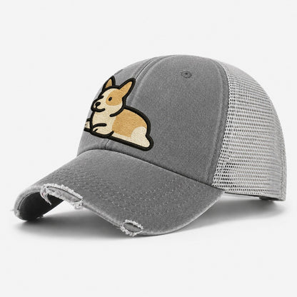Corgi Sploot Lying Position Washed Trucker Hat – Grey