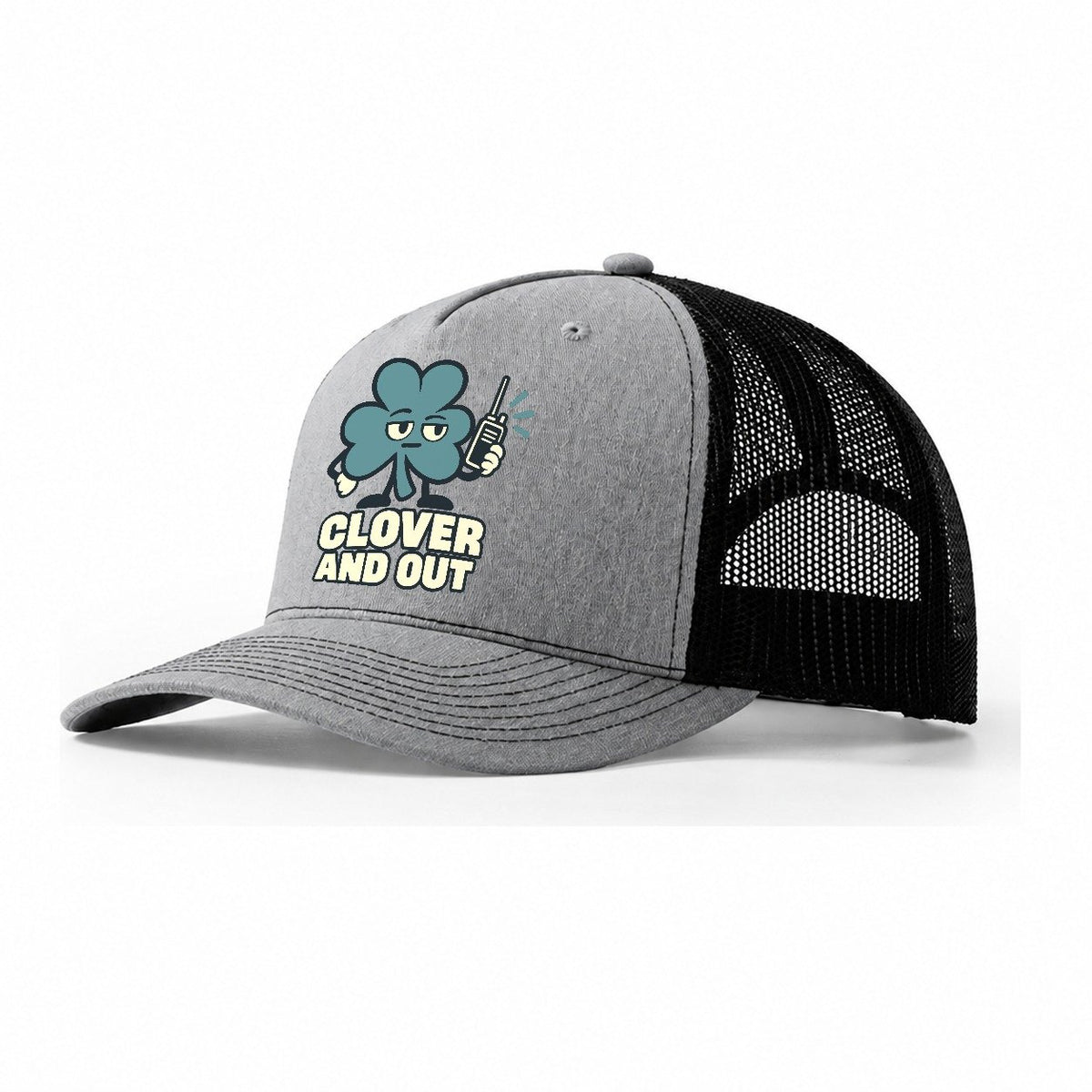 Clover And Out Familiar Punchlines Trucker Hat – Sport Grey Black