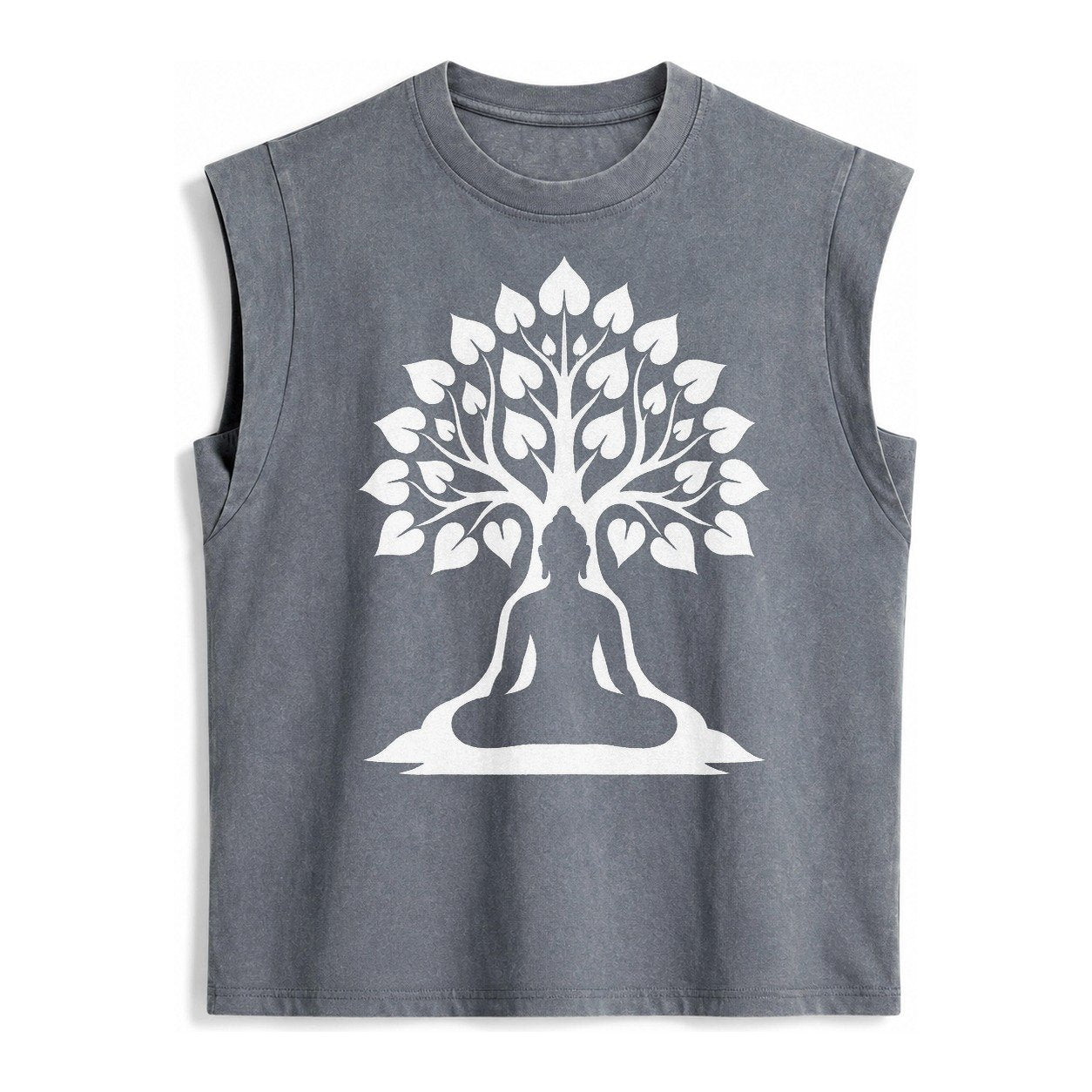 Buddha Silhouette Meditating Negative Space Forms Bodhi Tree Vintage Washed Tank – Grey