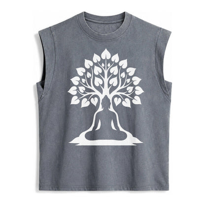 Buddha Silhouette Meditating Negative Space Forms Bodhi Tree Vintage Washed Tank – Grey