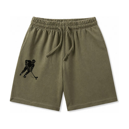 Ice Hockey Player Shooting Puck Washed Shorts – Army Green