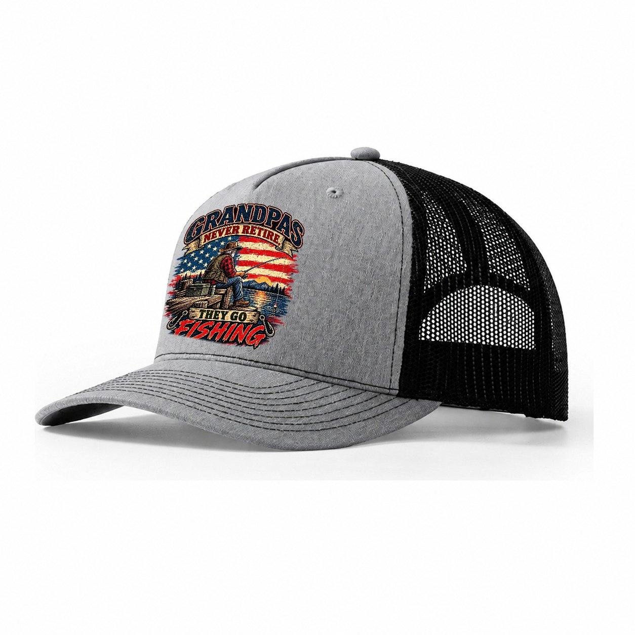 Grandpas Never Retire They Go Fishing Old Man Strong Trucker Hat – Sport Grey Black