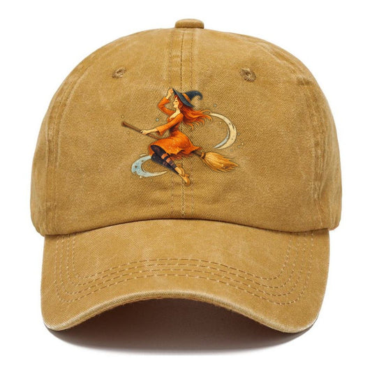 Reimagined Vintage Charm: Enchanting Witch On Broom Classic Cap – Golden Harvest