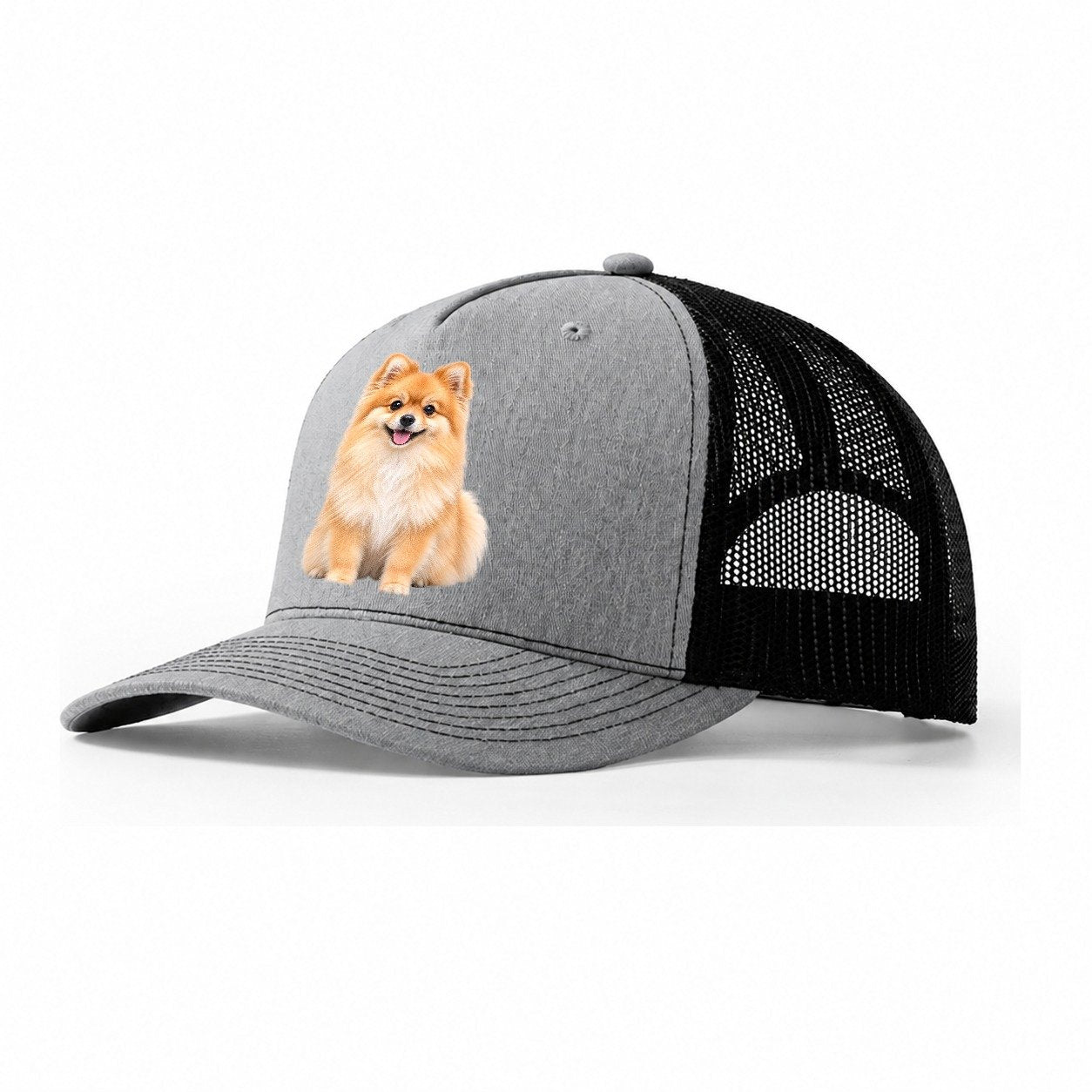 Pomeranian Sitting Top Breeds Trucker Hat – Sport Grey Black
