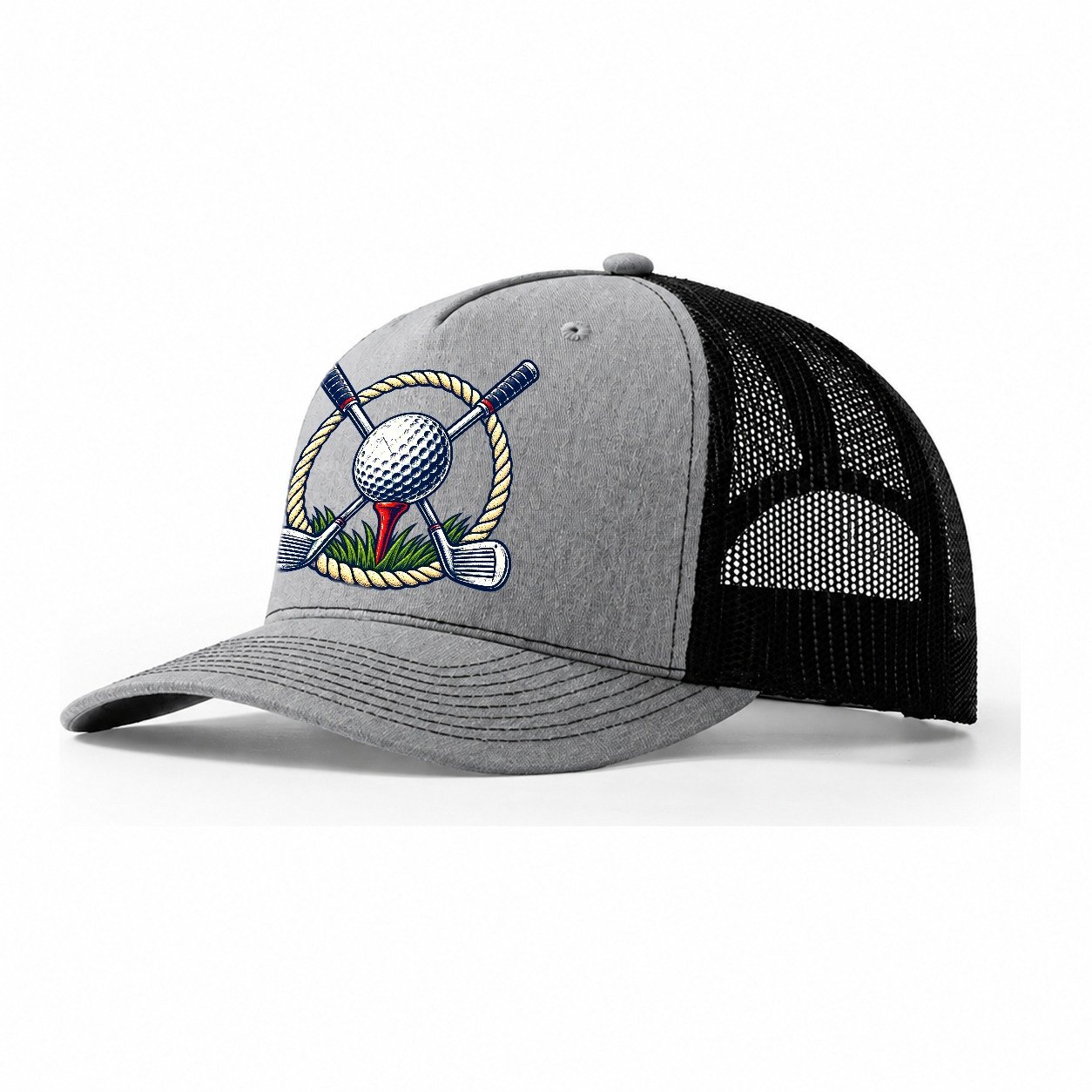 Crossed Clubs Crest Golf Life Trucker Hat – Sport Grey Black