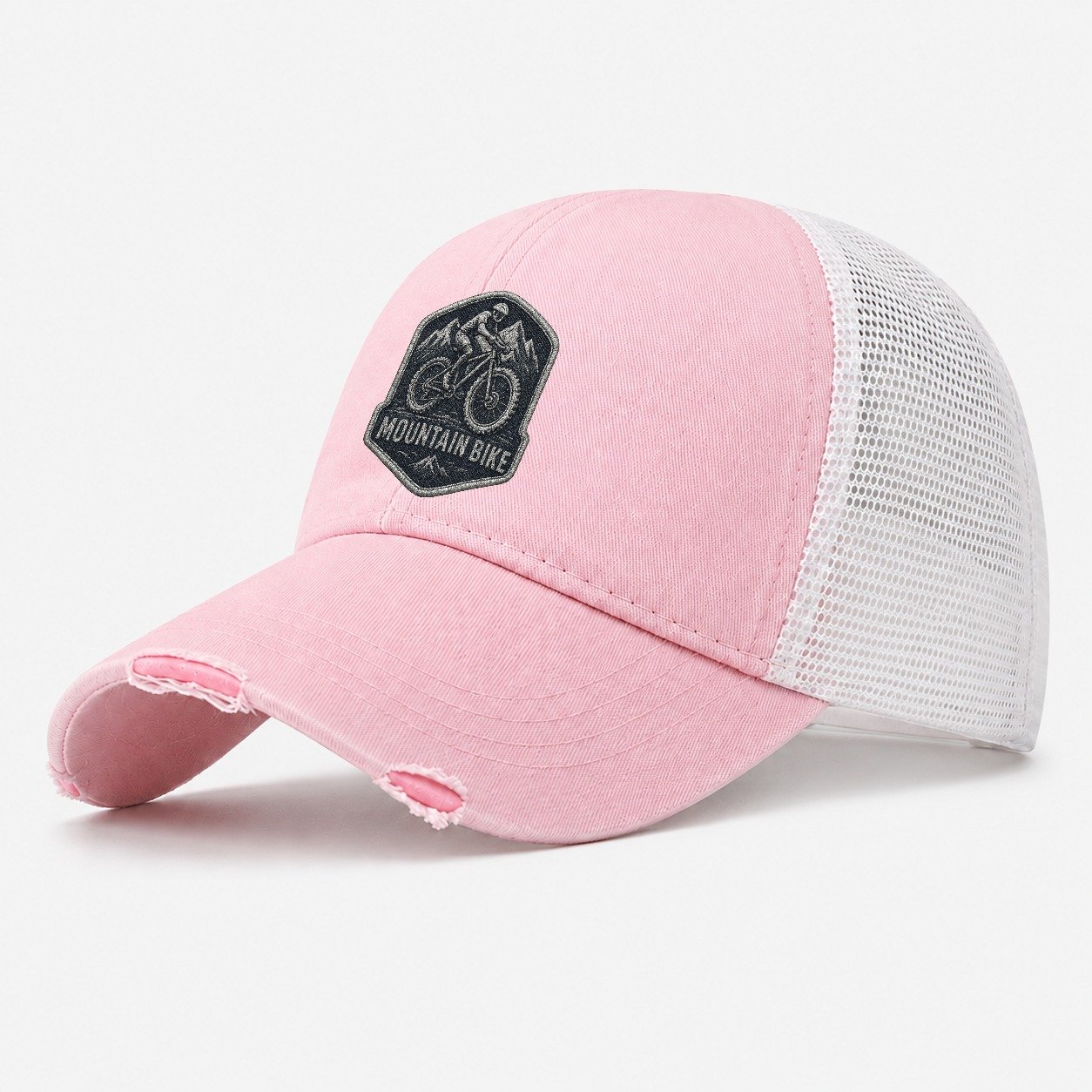 Mountain Bike With Rugged Tires Cyclist Badge Washed Trucker Hat – Light Pink