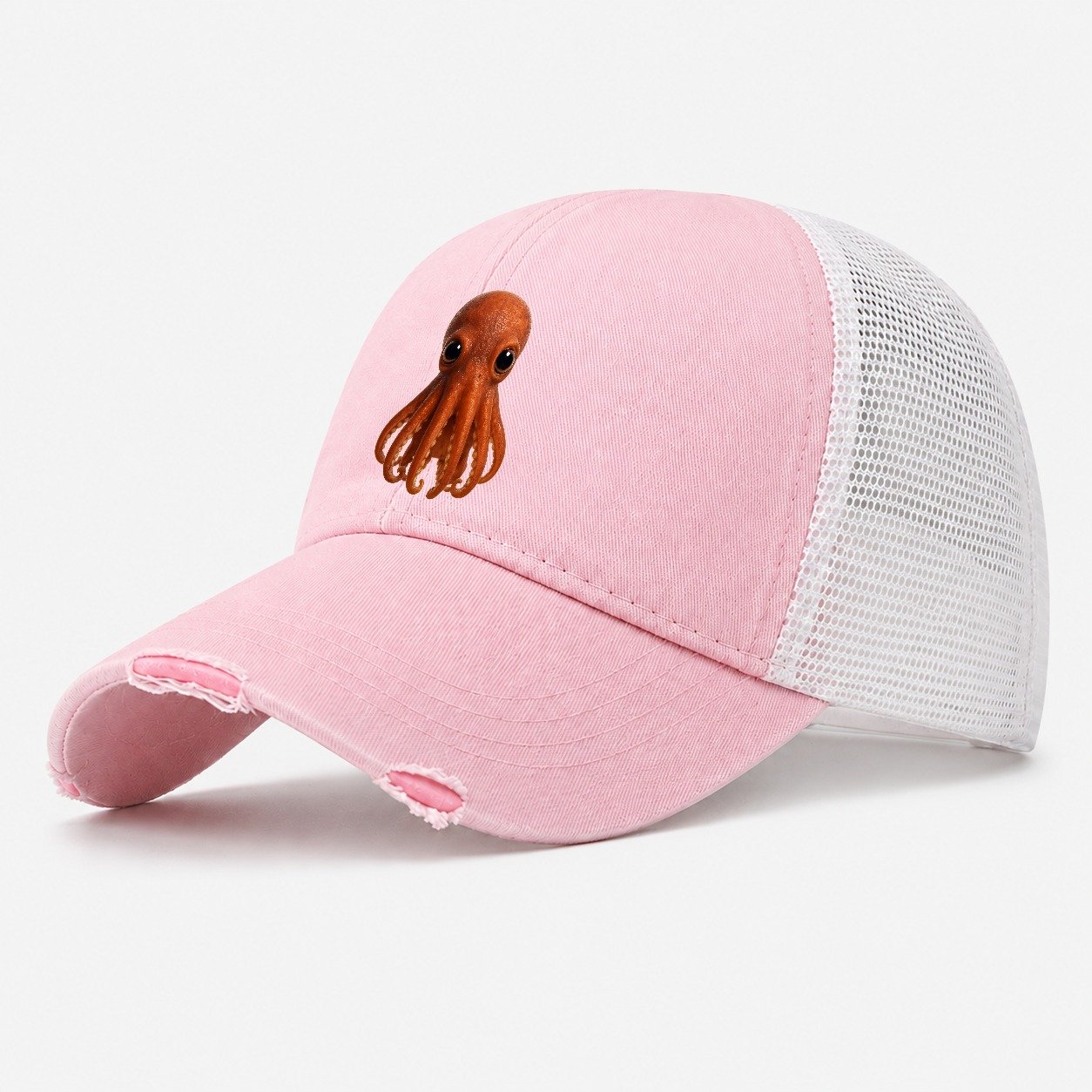 Baby Giant Pacific Octopus Reddish Smaller Tentacles Express Washed Trucker Hat – Light Pink